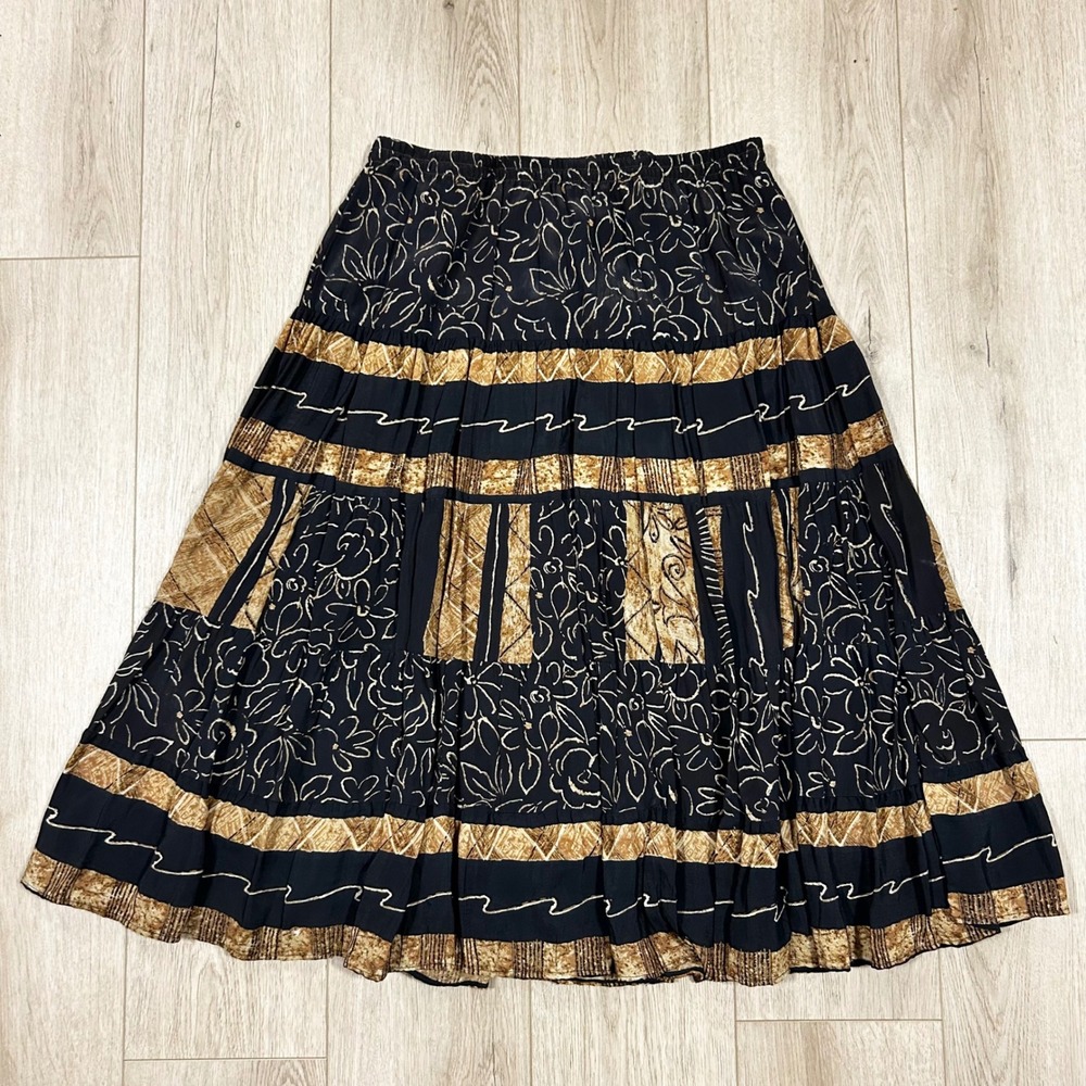 Multiples Women Black Gold Floral Batik Tiered Midi Skirt Elastic Waist Large‎